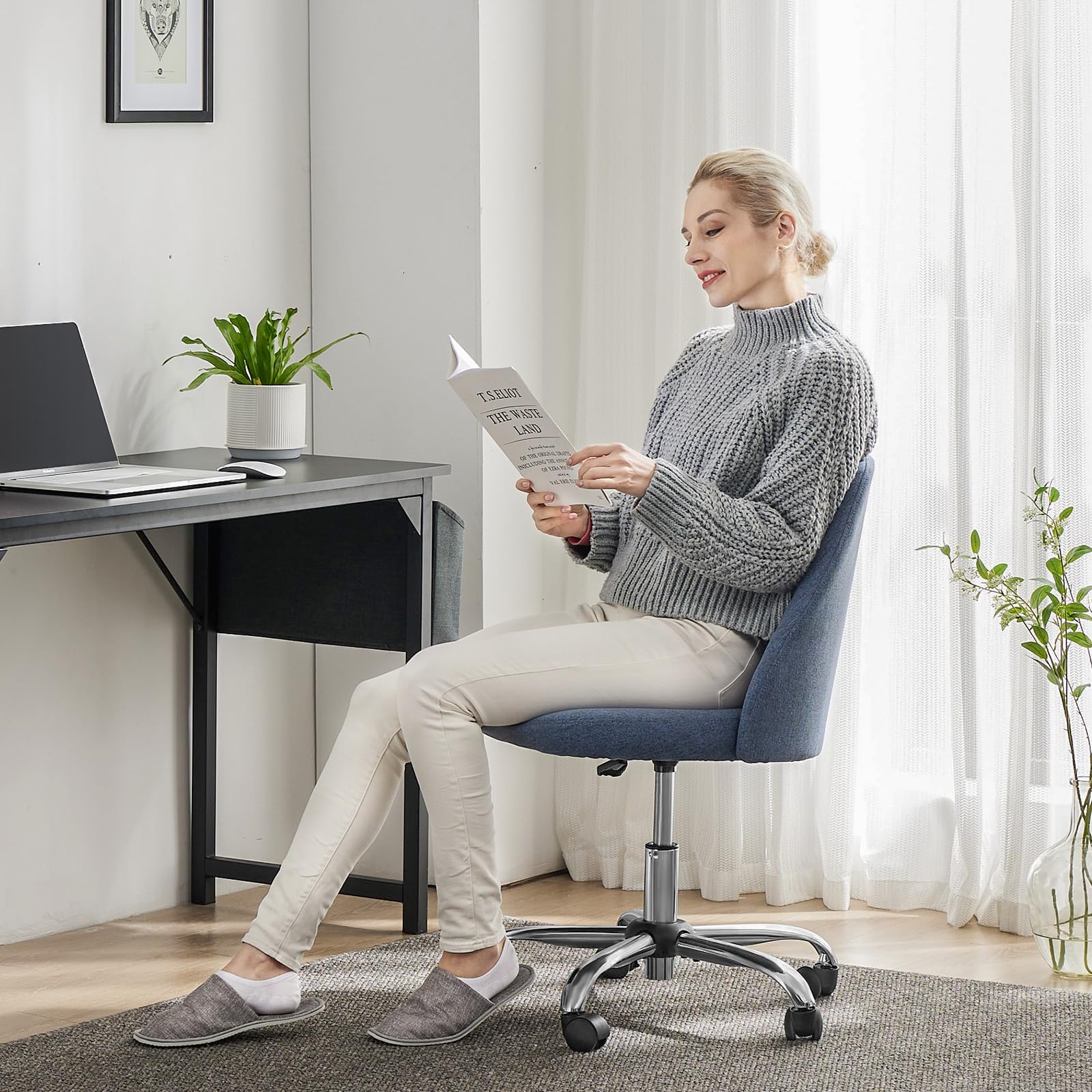 Sweetcrispy Armless Office Chair - Modern Fabric Ergonomic Desk Chair with Wheels, Adjustable Height Swivel Task Chair for Home Office, Computer Work & Small Spaces | Perfect for Compact Workspaces, Gaming & Vanity Areas