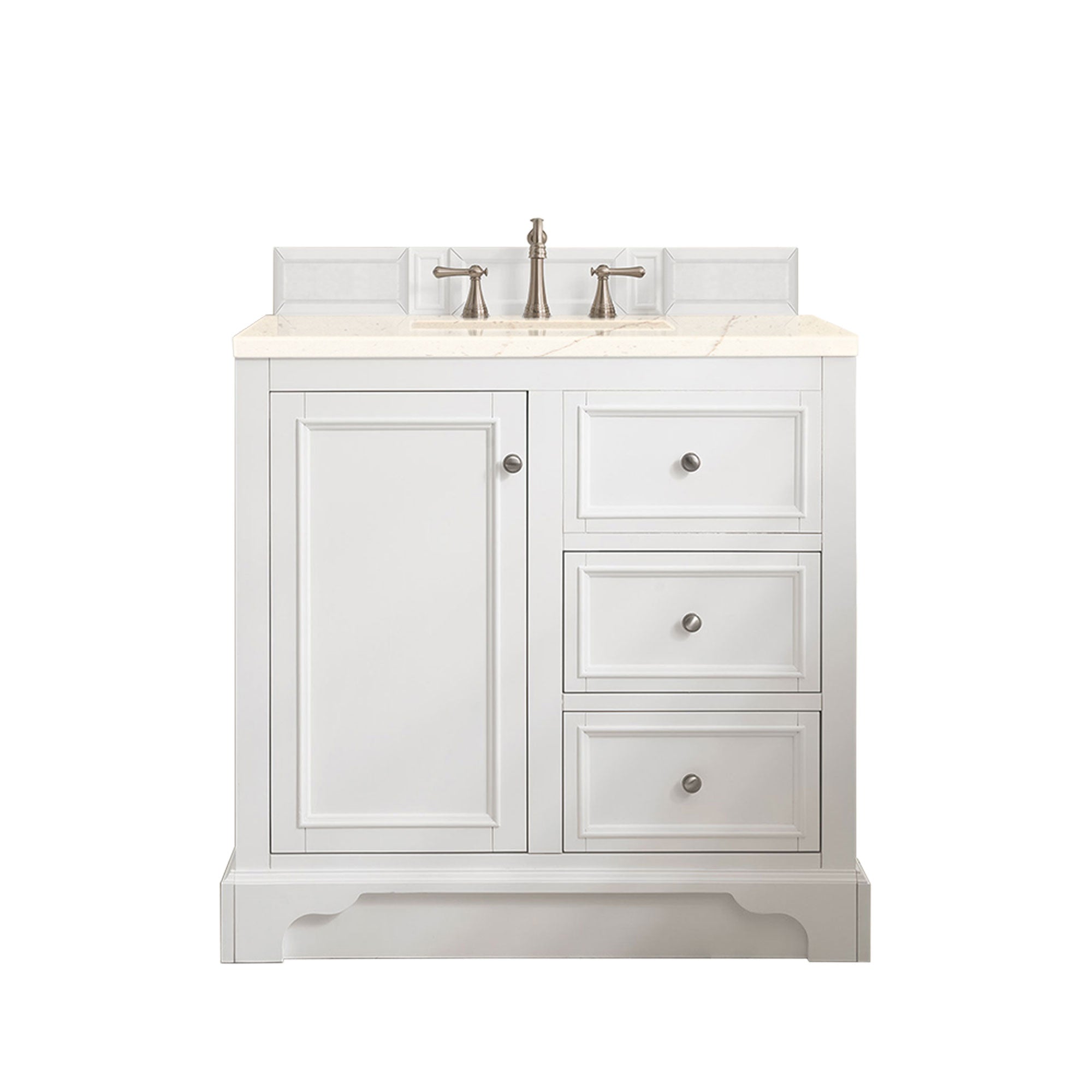 De Soto 36 Inch Single Bathroom Vanity Set with 3CM Eternal Marfil Quartz Countertop in Bright White - Perfect for Modern Bathrooms, Powder Rooms & Home Renovations