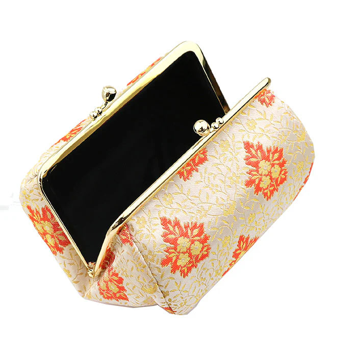 Japanese Nishijin Brocade Small Pouch - White Floral Arabesque Pattern | Handmade in Kyoto | Cosmetic Makeup Bag, Travel Toiletry Organizer, Stationery Pouch, Gamaguchi Purse | Perfect for Daily Essentials, Gift Giving & Japanese Style Fashion Accessories