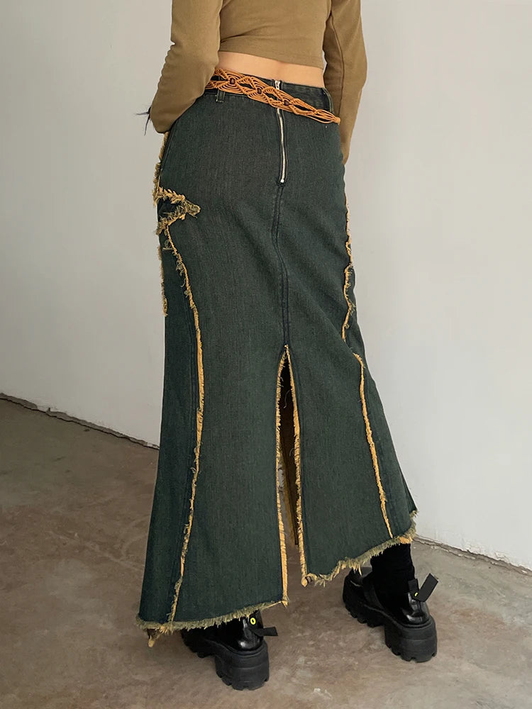 Vintage Asymmetrical Low Waist Denim Skirt for Women - Y2K Aesthetic Star Stitch Detail with Tassel Trim | Perfect for Casual Outfits, Streetwear & Retro Fashion Looks