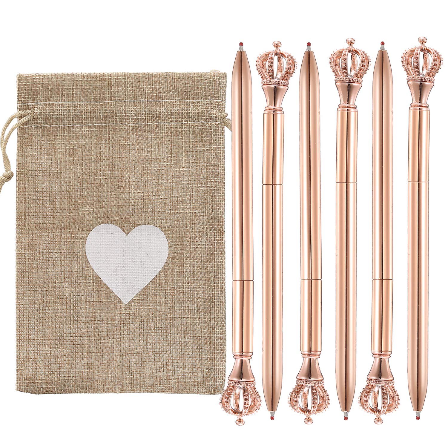 6PCS Elegant Metal Crown Ballpoint Pens - Bling Glitter Pens for Office, School, Baby Shower, Wedding & Anniversary Favors - Premium Gift Set with Heart Burlap Bag (6 Crown Pens) - Perfect for Party Favors, Corporate Gifts & Special Occasions