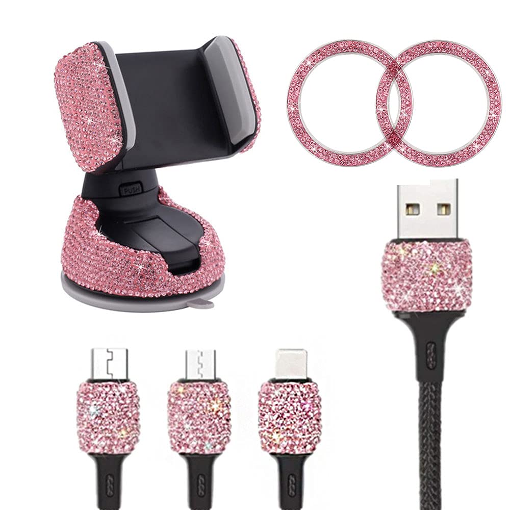 Shiny Rhinestone Car Phone Holder with Air Vent Clip & 3-in-1 Charging Cable - Bling Engine Button Decor for Women - Perfect for Commuting, Road Trips & Hands-Free Driving