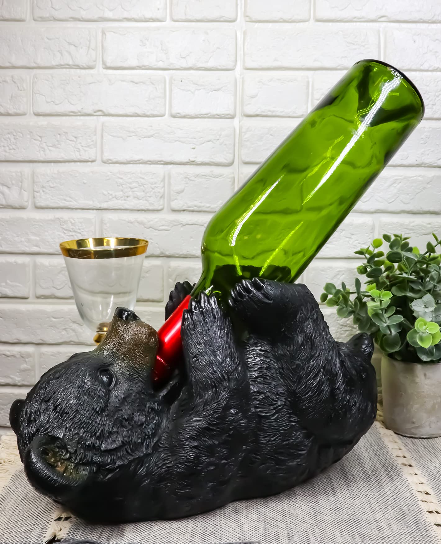Ebros Large Rustic Cabin Lodge Decorative Black Bear Hugging Wine Bottle Holder - 11.5