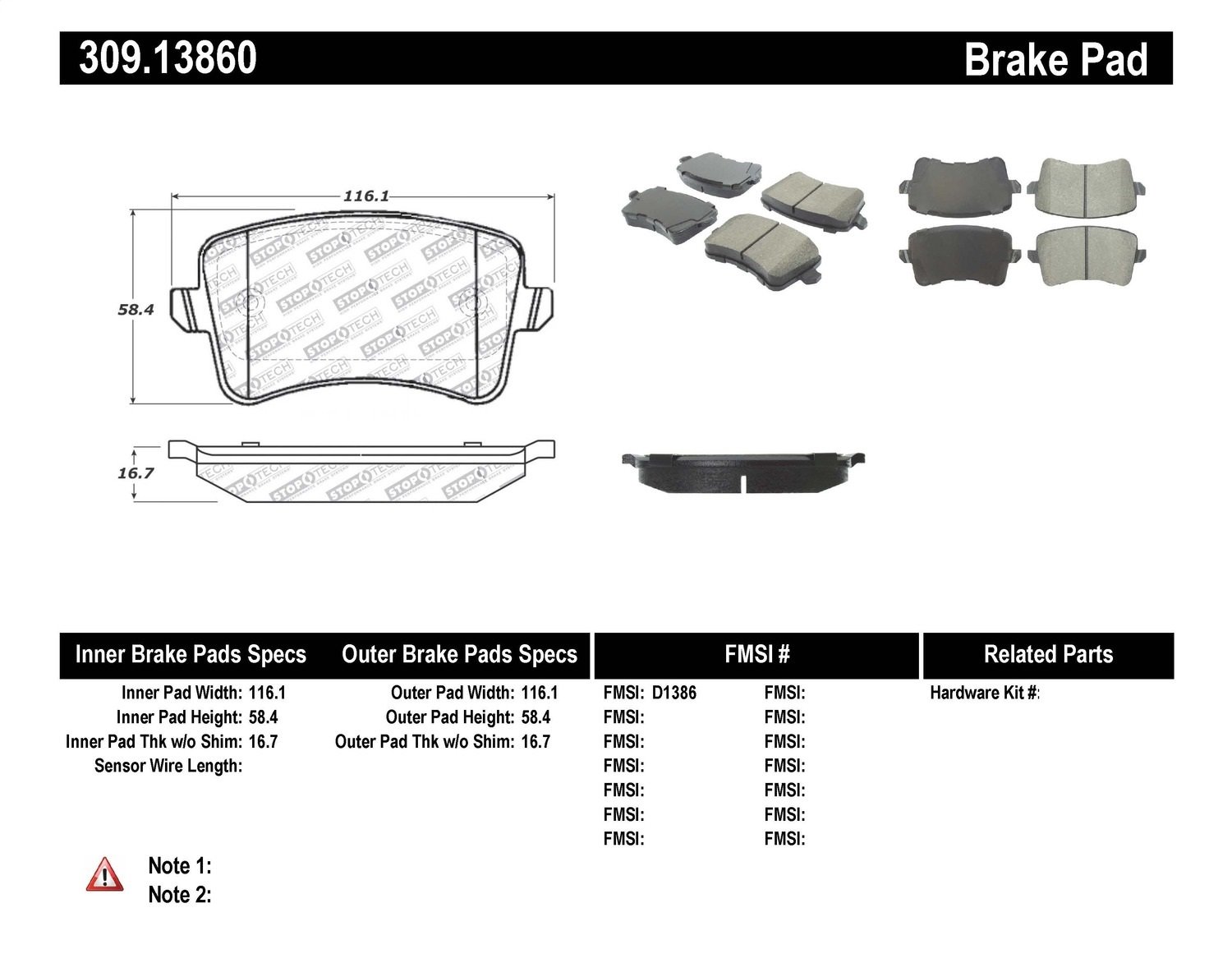 StopTech 309.13860 Sport Brake Pads with Shims & Hardware Kit - High Performance Braking for Track & Street Use - Perfect for Sports Cars & Performance Vehicles