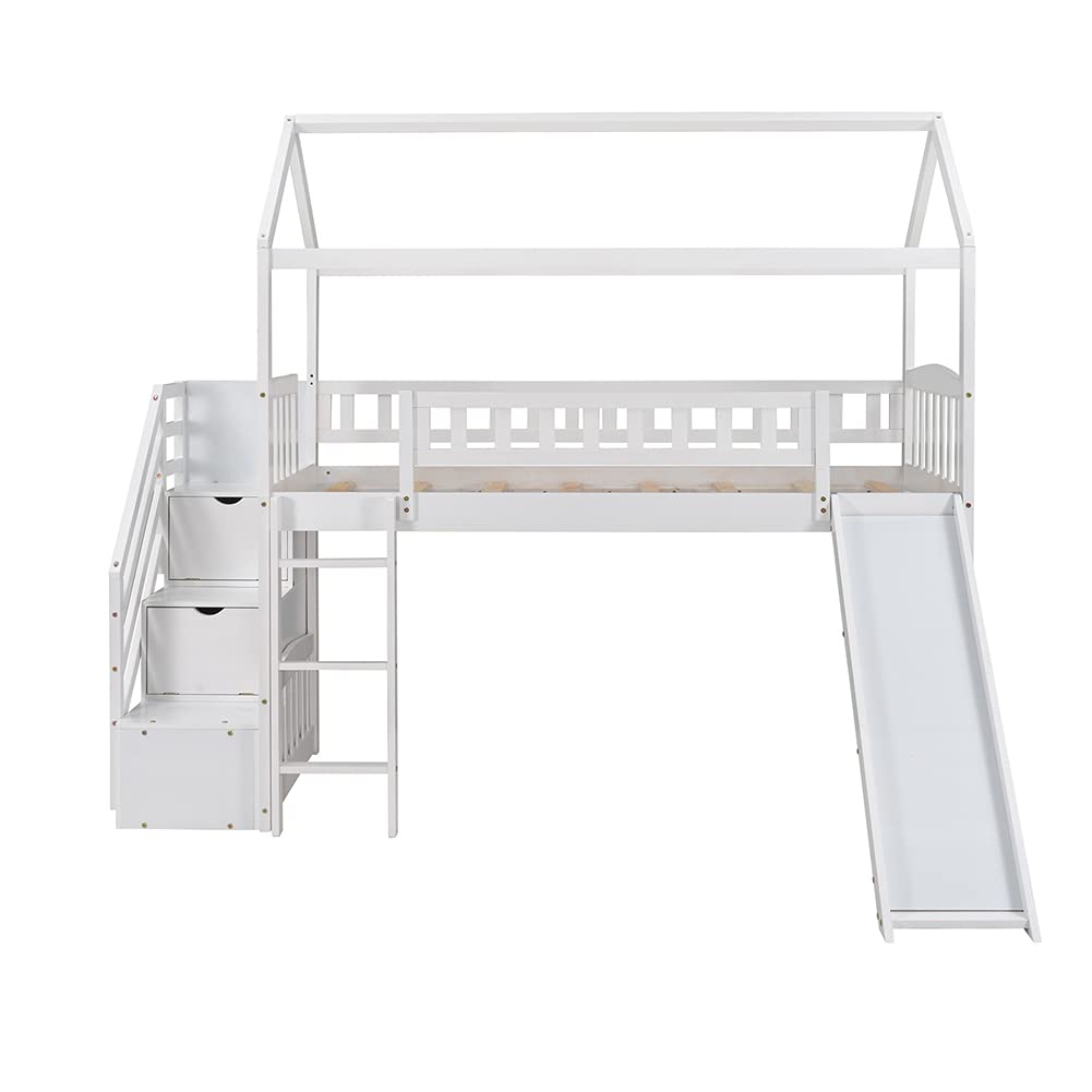 Twin Loft Bed with Staircase Storage Steps & Slide - Pinewood House-Shaped Bed Frame with Ladder & Guardrails - White Kids Bedroom Furniture for Small Spaces & Playrooms