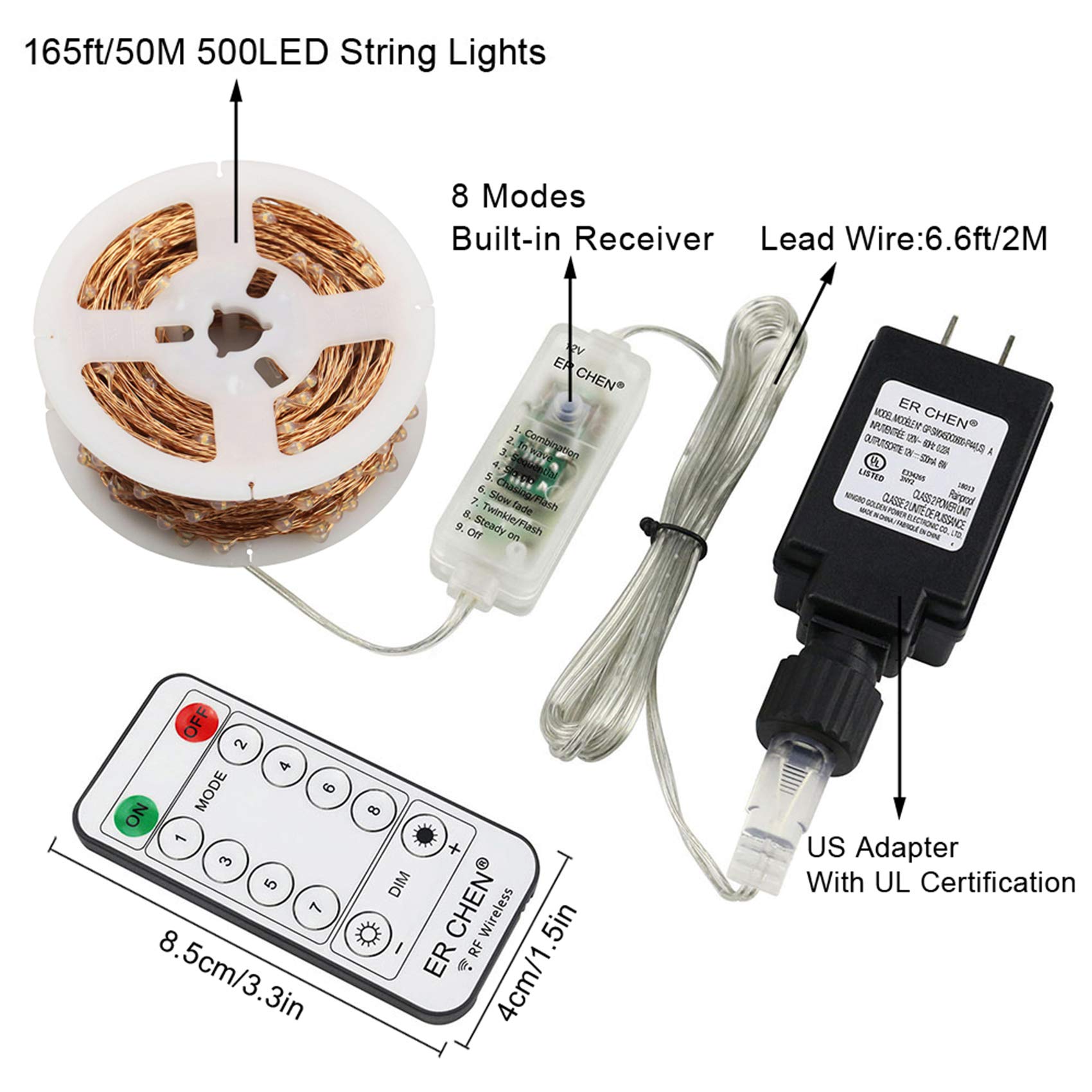 Copper Wire LED String Lights 165ft 500 LEDs with Remote - Indoor/Outdoor Christmas Decor