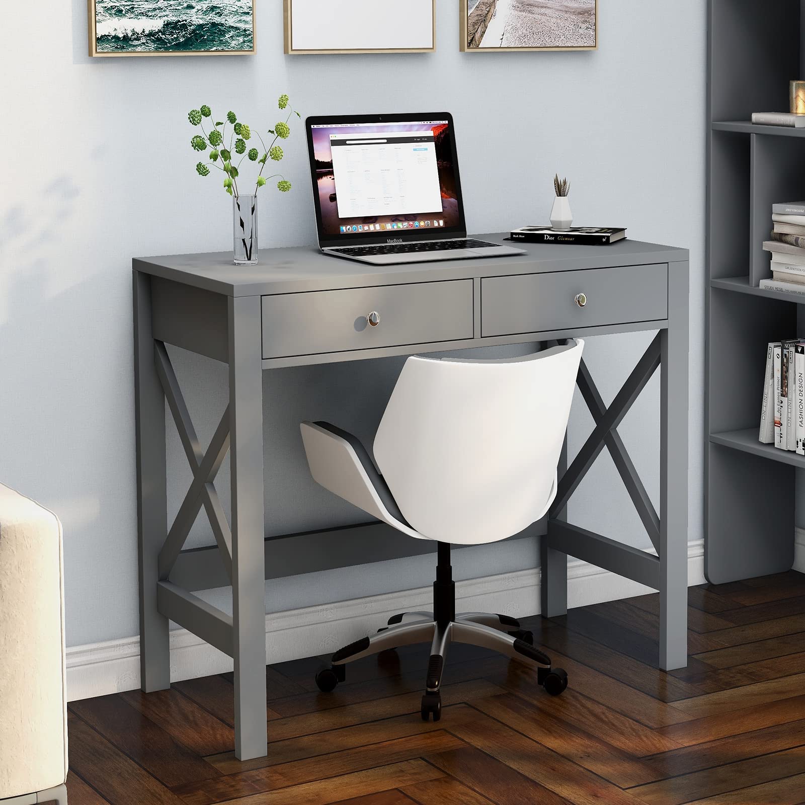 Modern Home Office Desk with Drawers - Grey Computer Writing Table for Small Spaces | Perfect for Remote Work, Study & Crafting