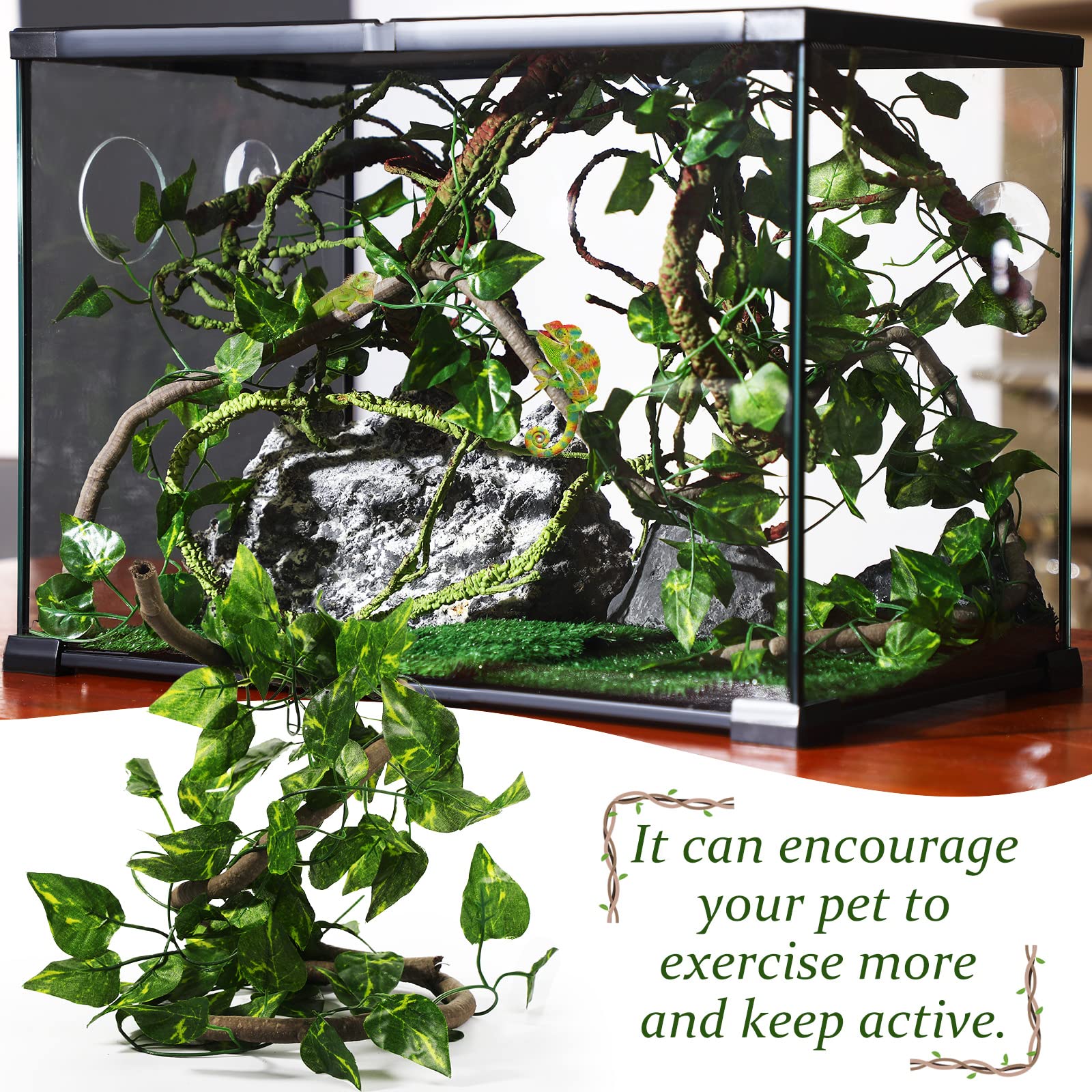 9 Pieces Reptile Jungle Vines Decor Set - Bendable Flexible Climbing Plastic Plants with Suction Cups for Gecko, Snake & Hermit Crab Tank Accessories - Perfect for Terrarium Habitat Decoration & Climbing Enrichment