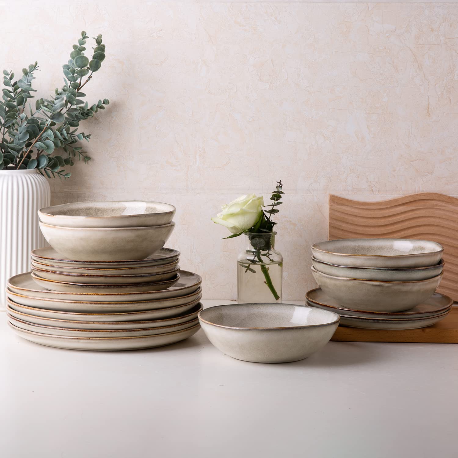 AmorArc 18-Piece Ceramic Dinnerware Set - Handmade Reactive Glaze Plates & Bowls, Chip & Crack Resistant | Dishwasher & Microwave Safe | Service for 6 | Perfect for Family Dinners, Restaurants & Special Occasions