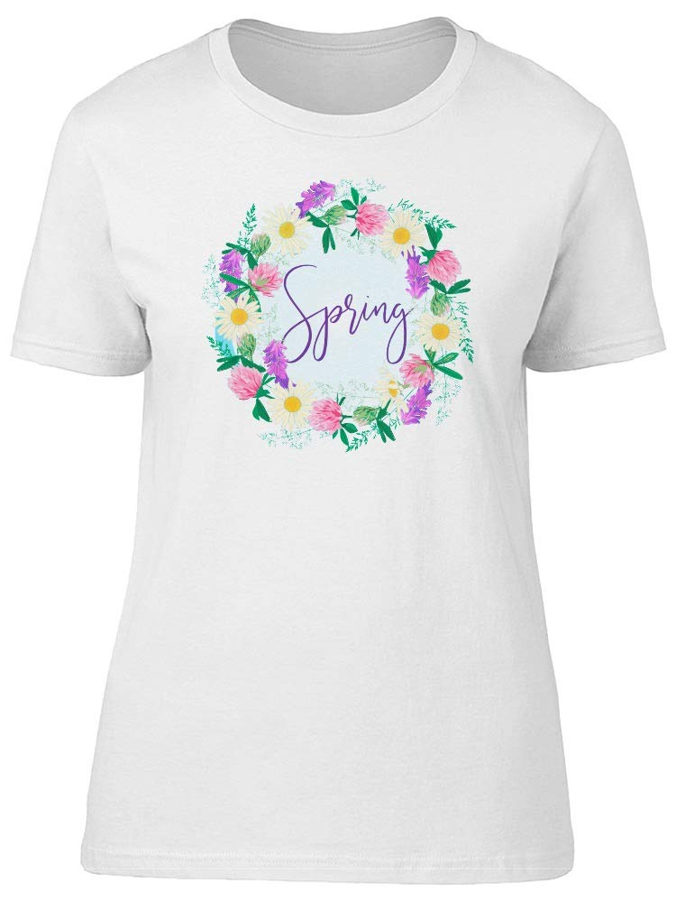 Floral Wreath & Spring Word T-Shirt for Women - Casual Fashion Top for Spring Outfits, Parties & Everyday Wear
