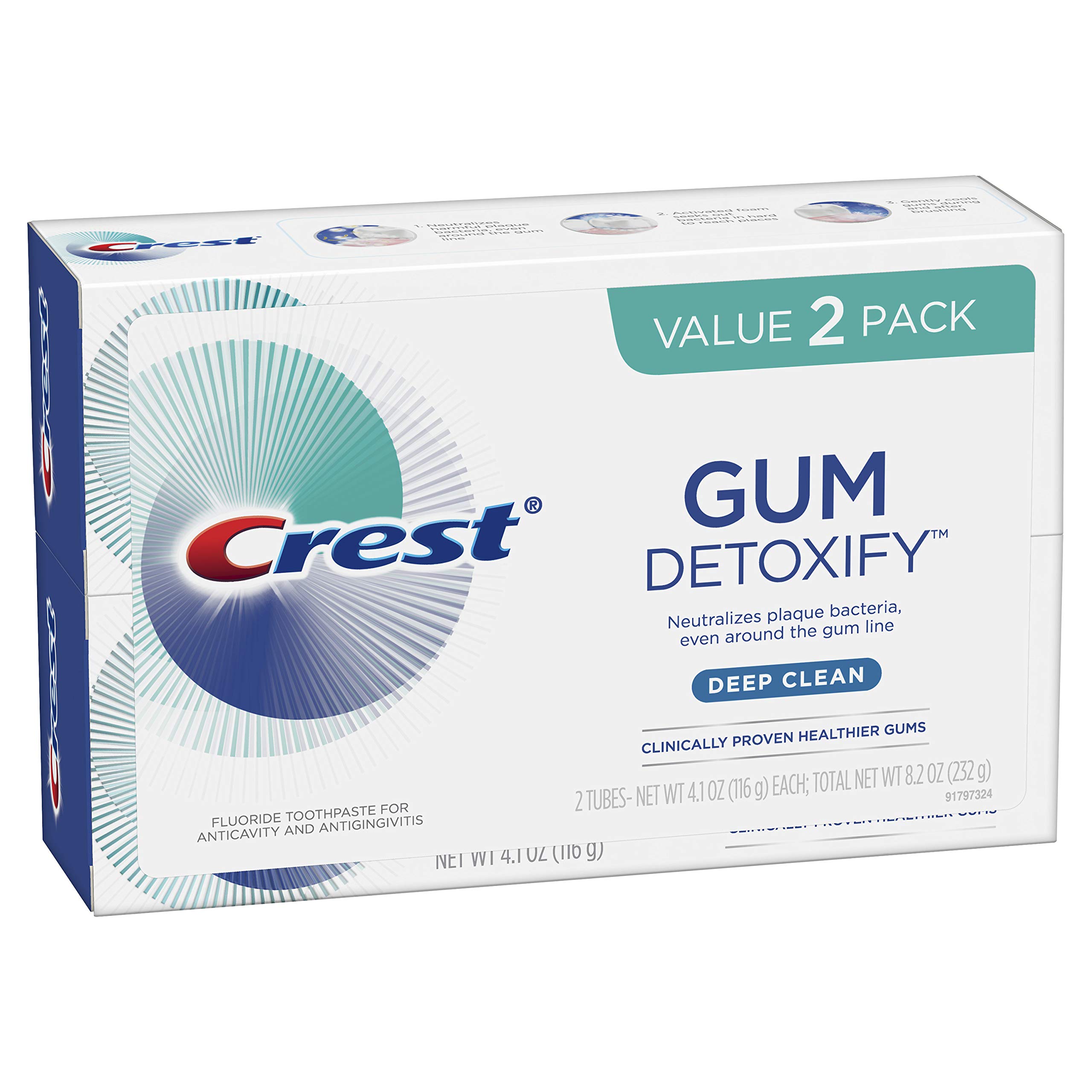 Crest Gum Detoxify Deep Clean Toothpaste for Gingivitis & Plaque Removal, 4.1 oz (2 Pack) - Whitening Fluoride Toothpaste for Sensitive Teeth & Fresh Breath, Ideal for Daily Oral Care Routine