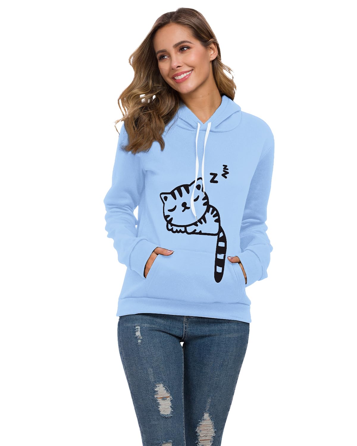 Cute Cat Ear Hoodie for Women & Teens - Soft Pullover Sweatshirt with Sleeping Cat Print | Cozy Lounge Wear & Casual Outfit for Sleepovers, Anime Conventions