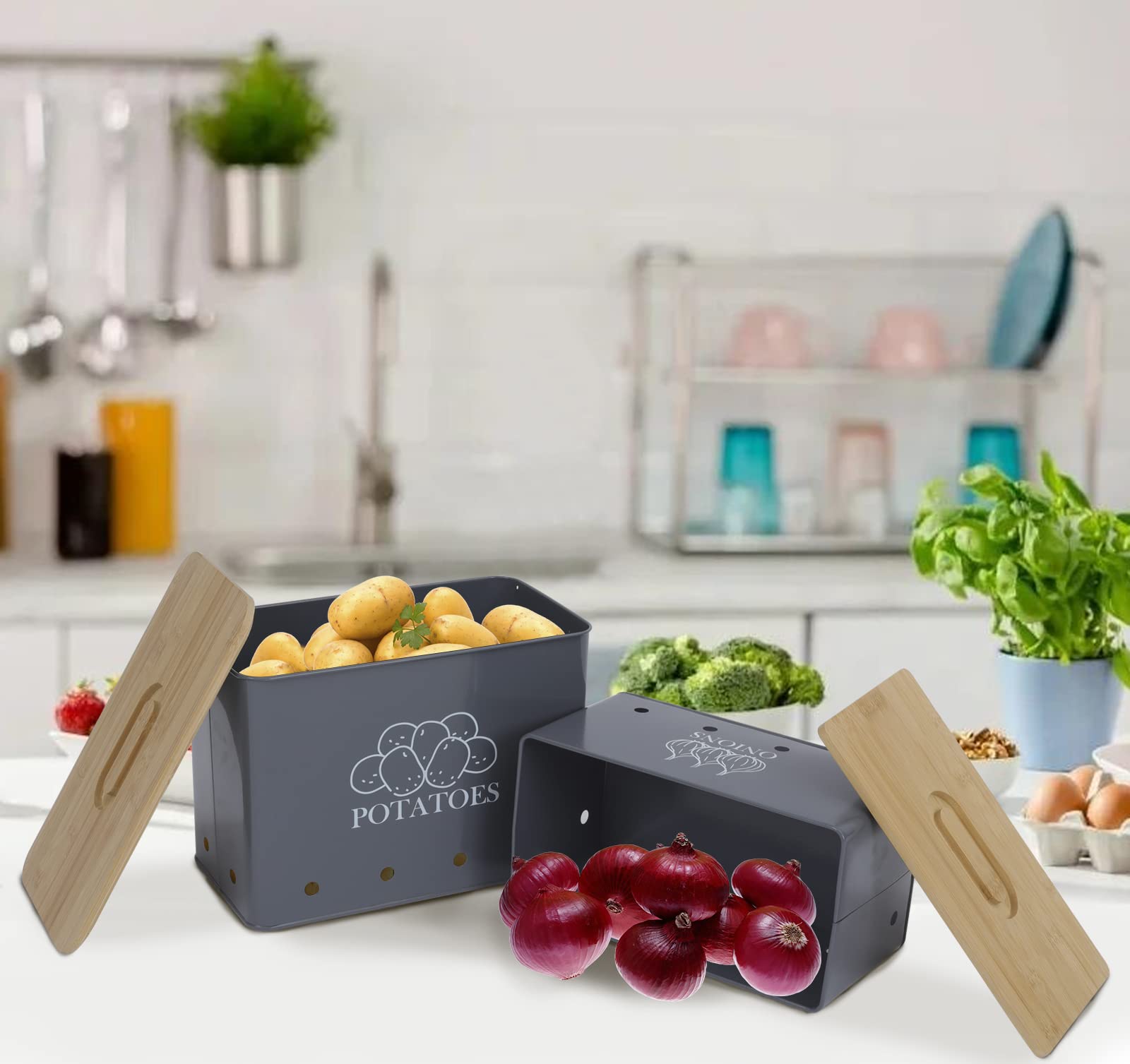 Potato and Onion Storage Containers with Bamboo Lid - Set of 2 Airtight Food Storage Bins with Ventilation Holes for Kitchen, Pantry, or Countertop Organization