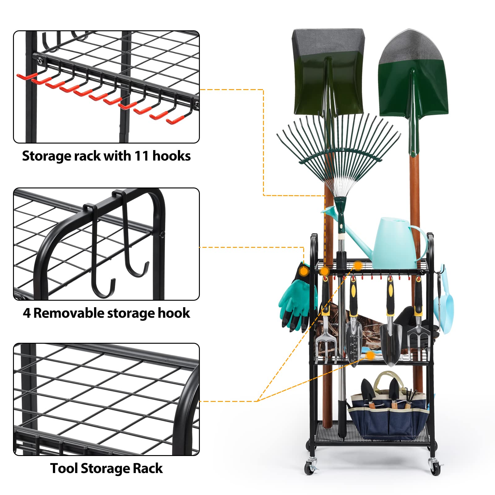 Uboway Rolling Tool Organizer for Garage - Heavy Duty Tool Storage Cart with Wheels for Garage, Shed, Basement & Outdoor Use - Easy Assembly Black Tool Stand for Garden Equipment & Workshop Organization