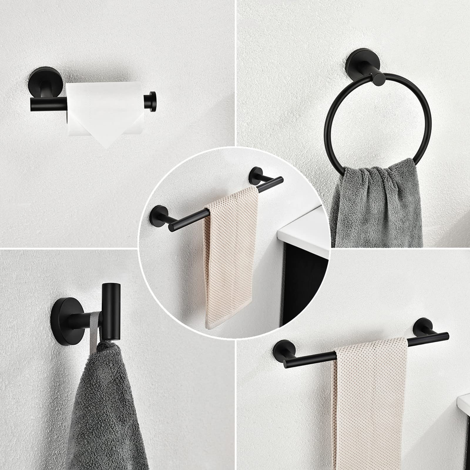 Keseno 6-Piece Stainless Steel Bathroom Towel Rack Set - Wall Mounted Towel Ring, Bar & Toilet Paper Holder - Matte Black Finish - Perfect for Bathroom, Spa & Guest Room Organization