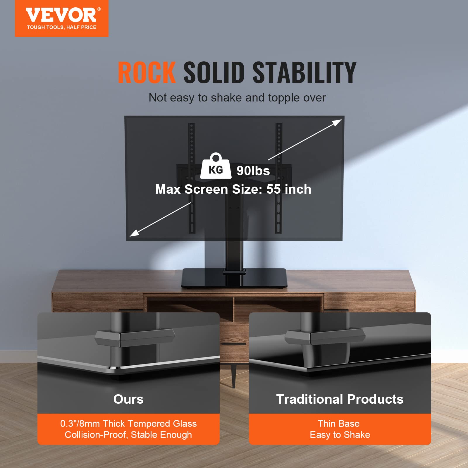 VEVOR Universal Swivel TV Stand for 32-55 Inch TVs - Height Adjustable Floor TV Mount with Tempered Glass Base for Living Room, Bedroom | Perfect for Home Theater, Gaming & Office Setup