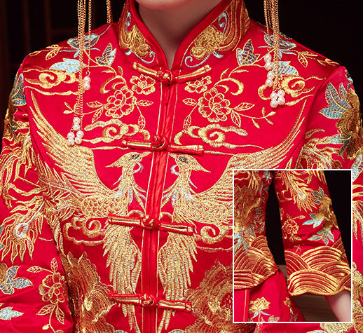 Exquisite Red Embroidered Phoenix Qun Kwa Wedding Dress - Traditional Chinese Bridal Gown for Tea Ceremony & Reception - Perfect for Asian Weddings, Cultural Celebrations & Photoshoots