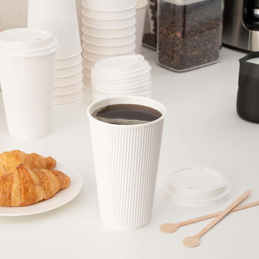 16oz Disposable Coffee Cups - 500 Pack White Insulated Paper Cups with Ripple Wall & Rolled Rim for Hot Coffee, Tea, Cocoa - Lids Sold Separately - Perfect for Restaurants, Cafes, Offices & Home Use