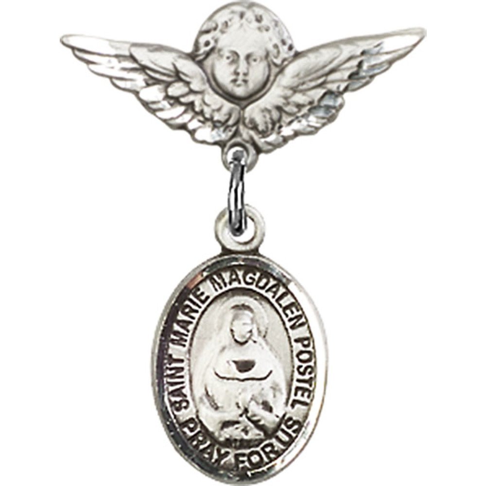 7/8 X 3/4 Inch Sterling Silver Baby Badge with Marie Magdalen Postel Charm & Angel Wing Pin - Perfect for Christening Gifts, First Communion Jewelry & Baby Blessing Keepsakes