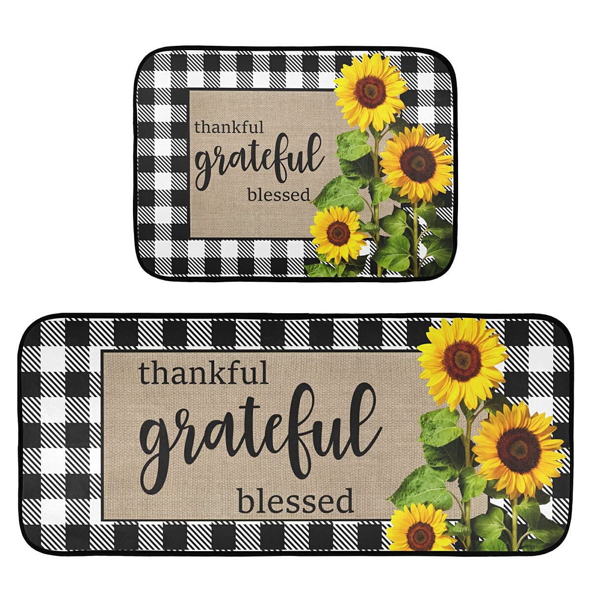 DOMIKING Non-Slip Sunflower Kitchen Rugs - 2 Pack Buffalo Plaid Foam Floor Mats for Farmhouse Decor, Anti-Fatigue Standing Mats for Cooking & Dishwashing Areas - Waterproof Kitchen Accessories for Sink & Counter Use