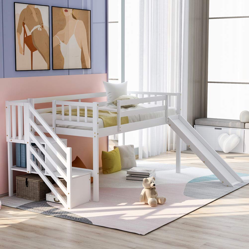 Solid Wood Twin Size Loft Bed with Adjustable Slide & Staircase - Low Profile Kids & Teens Loft Bed Frame with Handrail Ladder Guardrail & Storage - No Box Spring Needed (White) - Perfect for Small Bedrooms, Dorm Rooms & Space-Saving Kids' Rooms
