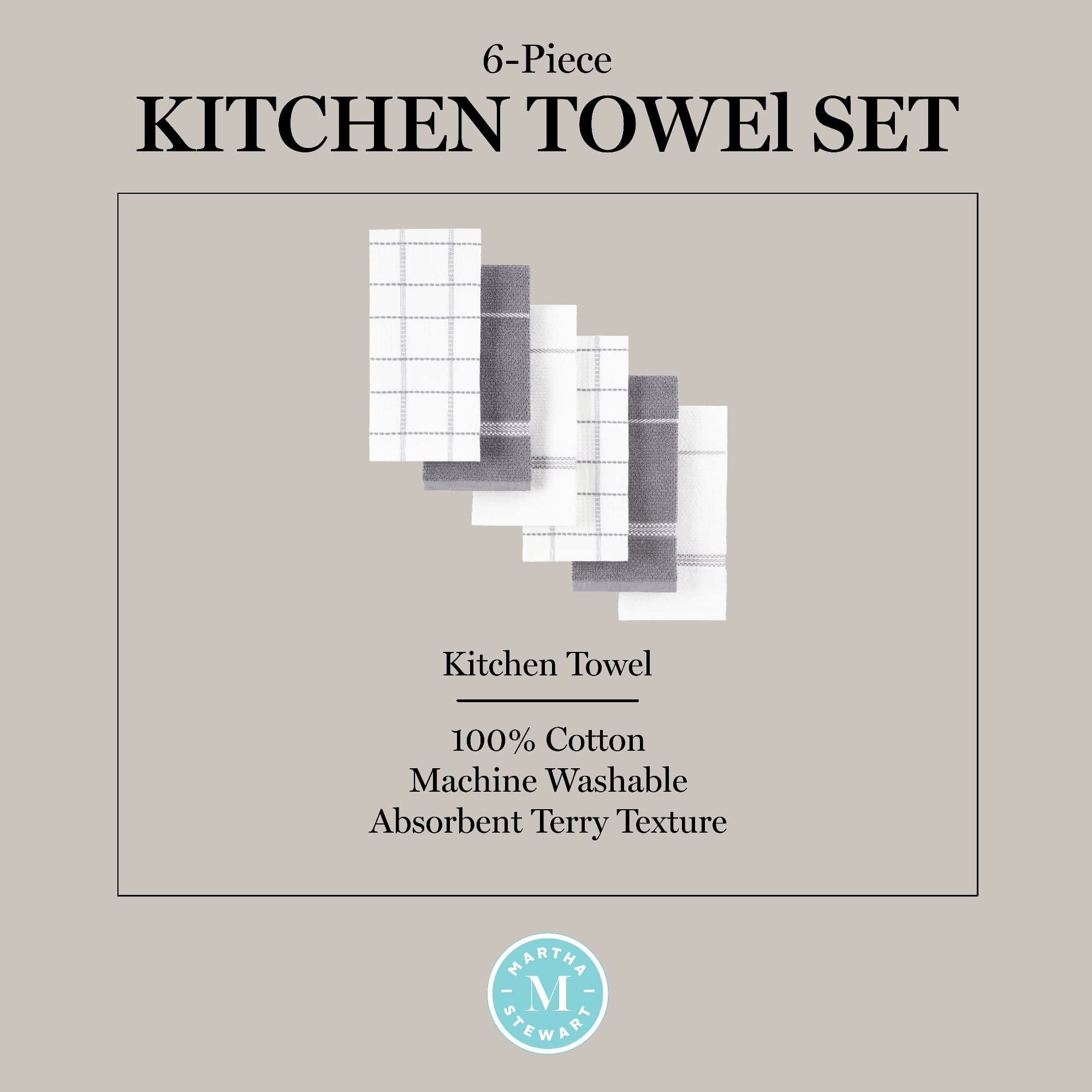 Martha Stewart Modern Waffle Kitchen Towel Set - 6 Pack Soft Absorbent Dish Towels (16x28 Inches, Grey) - Perfect for Drying Dishes, Cleaning Countertops & Kitchen Decor