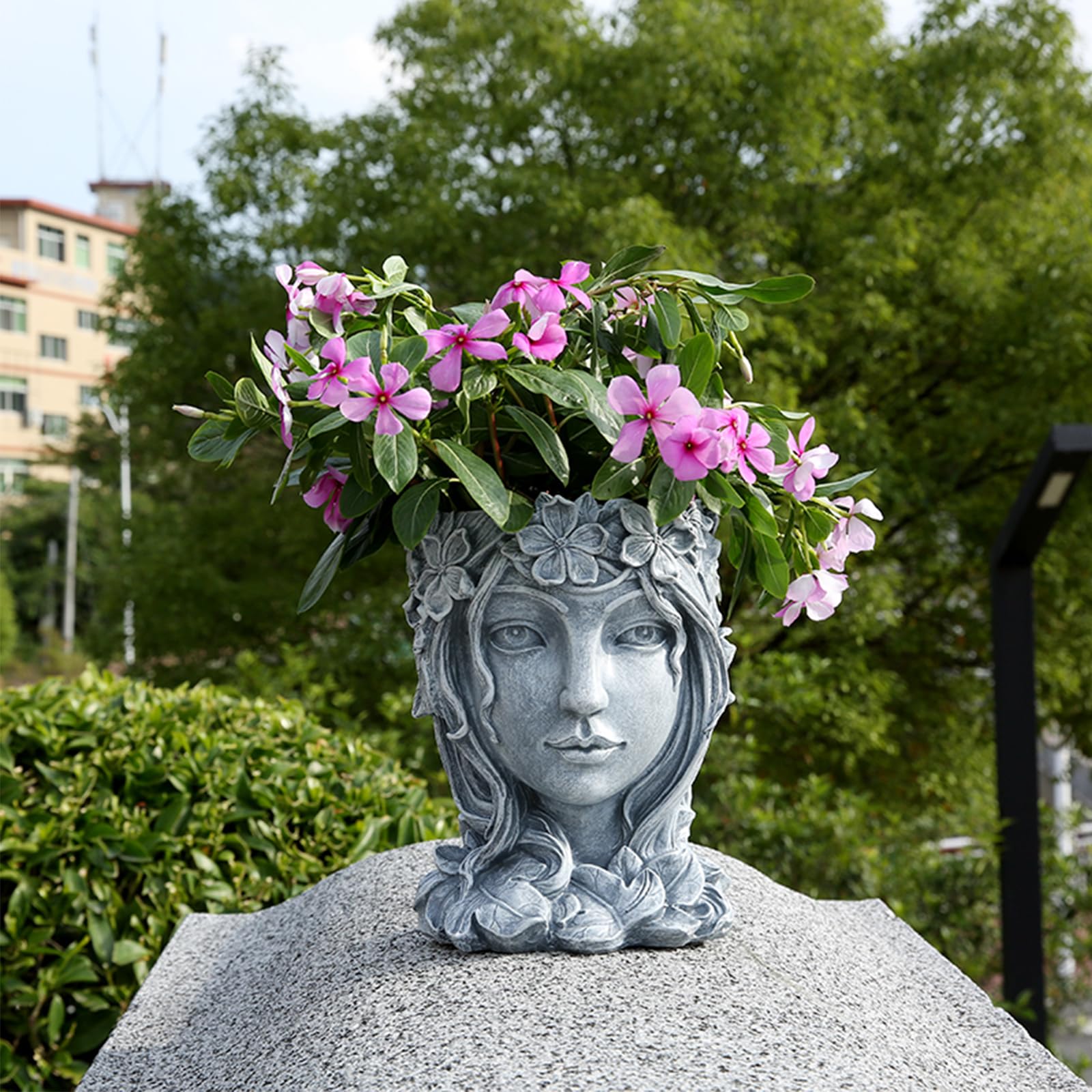 Decorative Gray Resin Face Planter with Drainage Hole - 5.7''W x 7.87''H Sculpted Goddess Flower Pot for Indoor & Outdoor Plants - Perfect for Succulents, Herbs, and Home Garden Decor