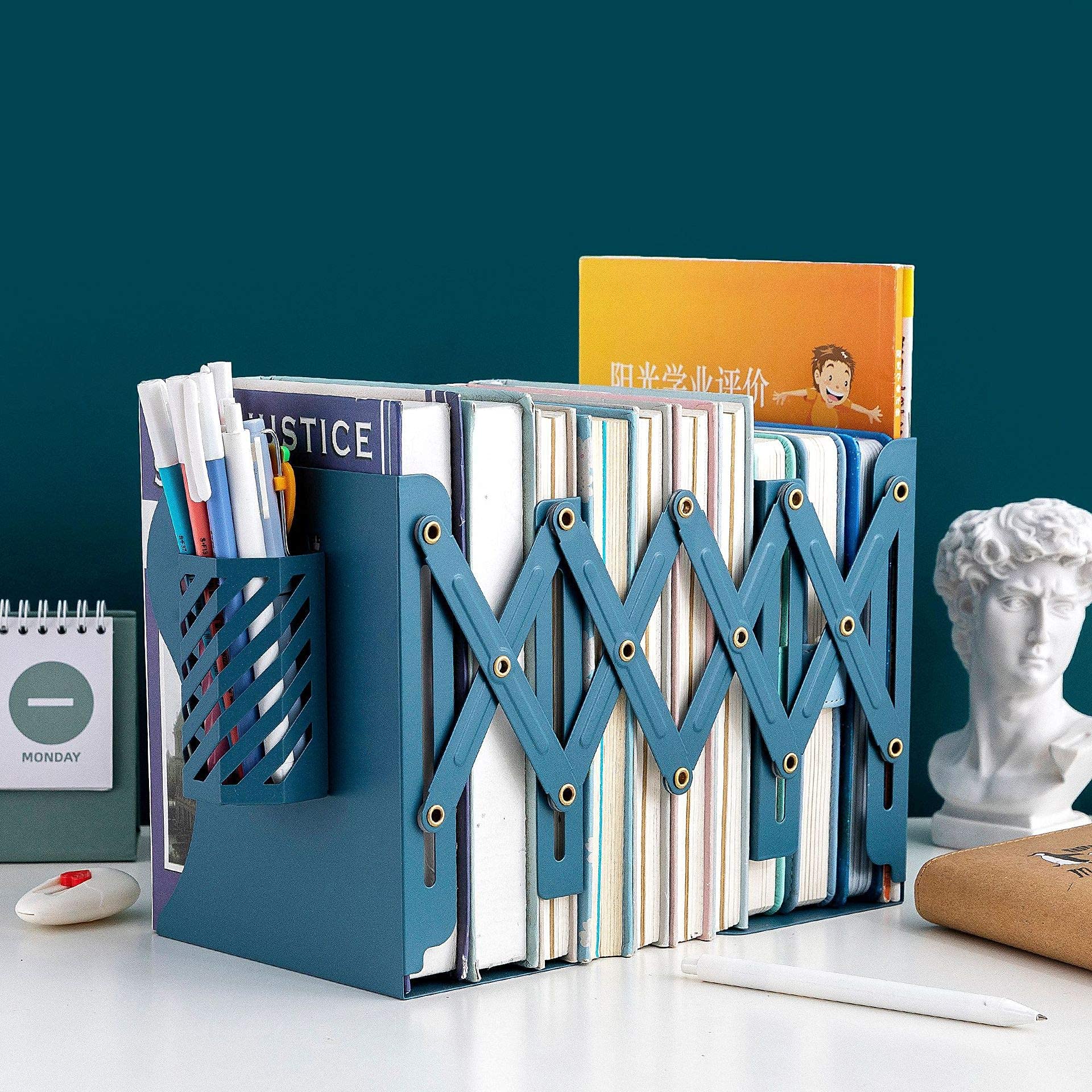 Heavy Duty Adjustable Metal Bookends for Shelves - Book Stoppers & Organizer with Pen Holder - Perfect for Office Desk, Home Library, and Study Room Organization
