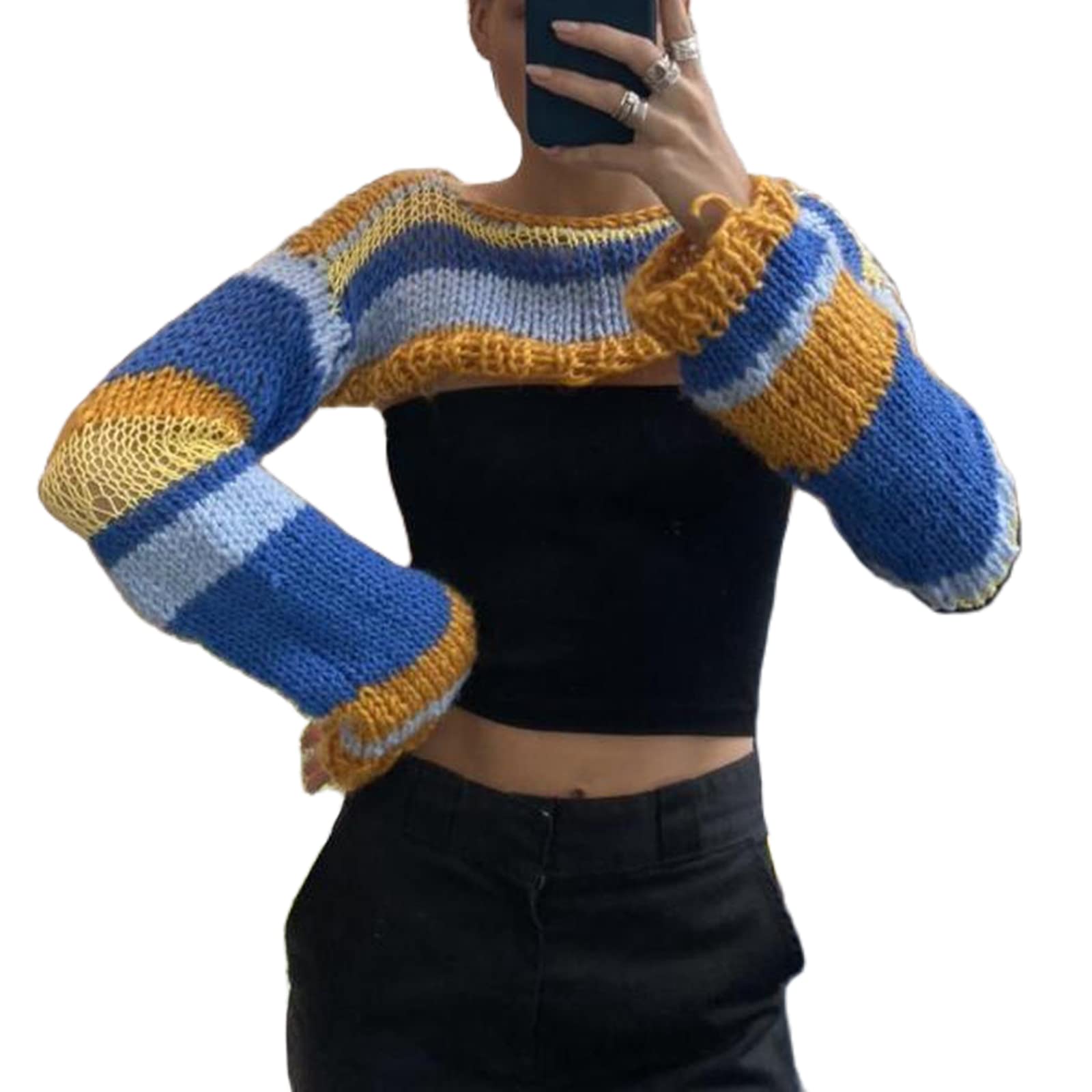 90s Vintage Y2K Aesthetic Striped Long Sleeve Knitted Crop Sweater Top for Women | Retro Fashion Pullover | Perfect for Casual Outfits, Streetwear & Instagram Aesthetic Looks