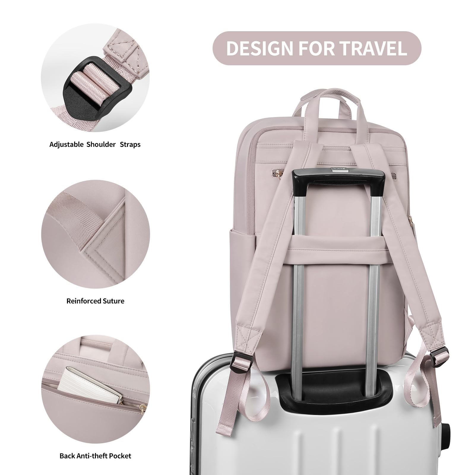 GOLF SUPAGS Anti-Theft Travel Laptop Backpack for Women - Slim Durable 17-Inch Computer Bag for College, Business & Work - Water-Resistant Business Backpack with USB Charging Port (Pinkish Grey) - Perfect for Commuting, Air Travel & Office Use