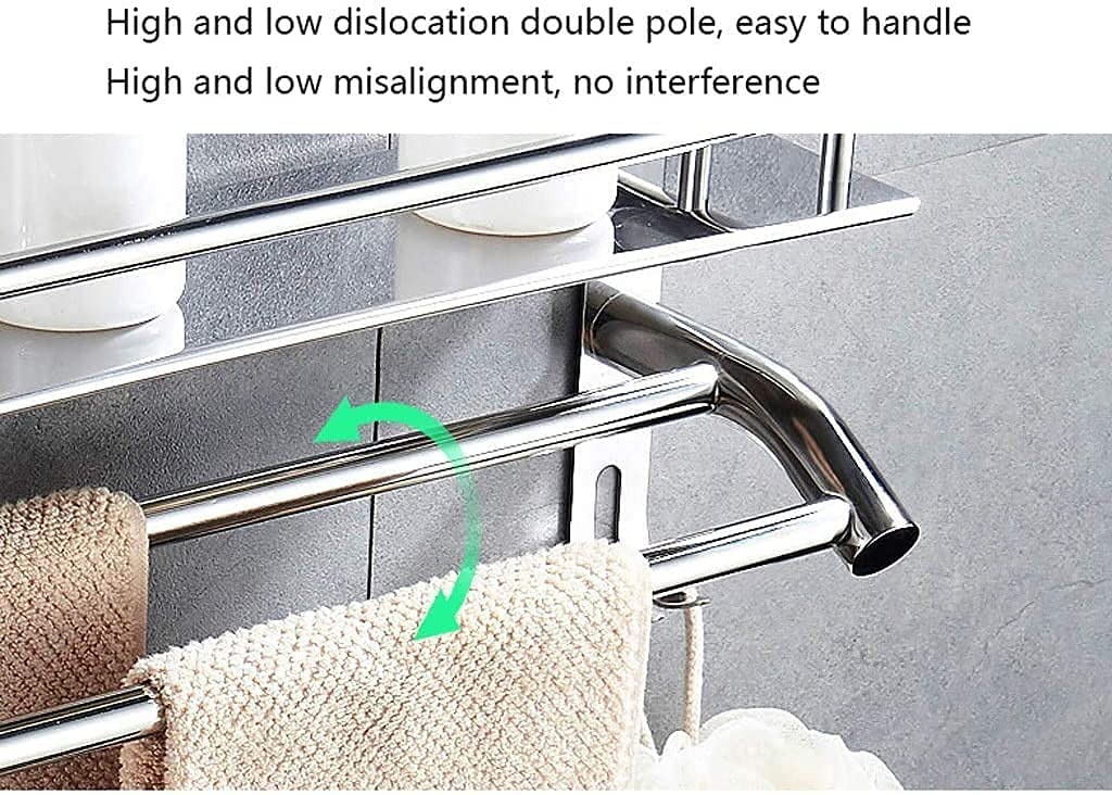 2-Tier Chrome Wall Mounted Bathroom Towel Holder with Hooks - 60cm Space Saving Towel Rack for Bath, Kitchen & Laundry Room Organization