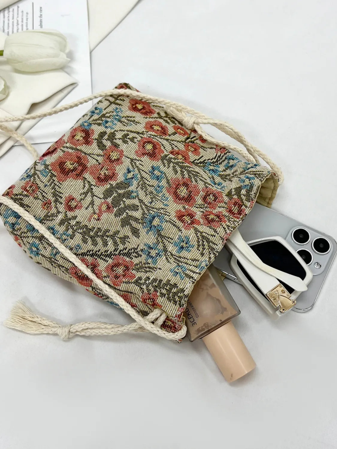 Floral Print Drawstring Bucket Bag with Rope Handle - Stylish Crossbody Purse for Women, Perfect for Beach, Shopping & Everyday Use