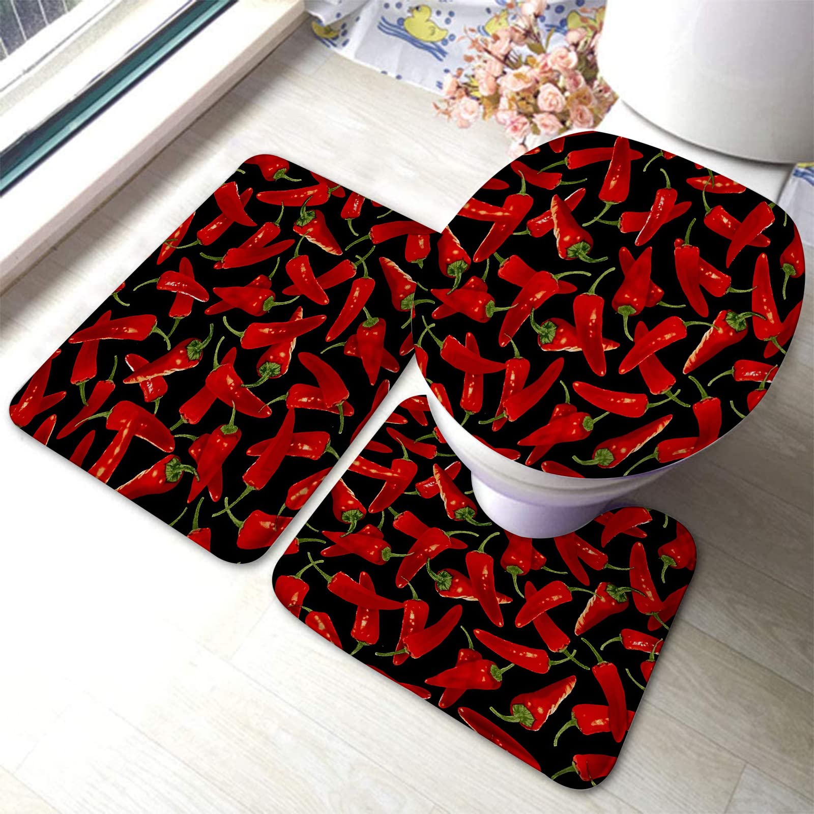 3-Piece Bathroom Rug Set - Non-Slip Bath Mats with Toilet Contour Mat & Lid Cover | Chili Pepper Design for Bathroom Floor Safety & Comfort | Perfect for Modern Homes, Guest Bathrooms & Apartment Living