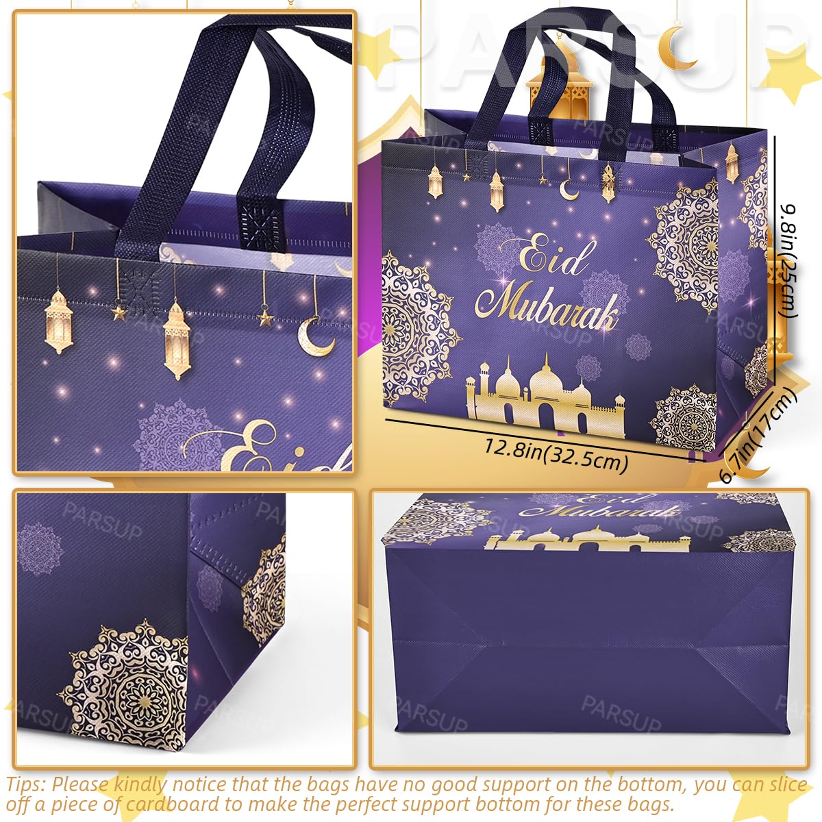 PARSUP 4PCS Reusable Eid Gift Bags with Handles - Assorted Sizes, Islamic Design, Durable Non-Woven Fabric - Perfect for Eid al-Fitr, Ramadan Gifts, Party Favors & Special Occasions