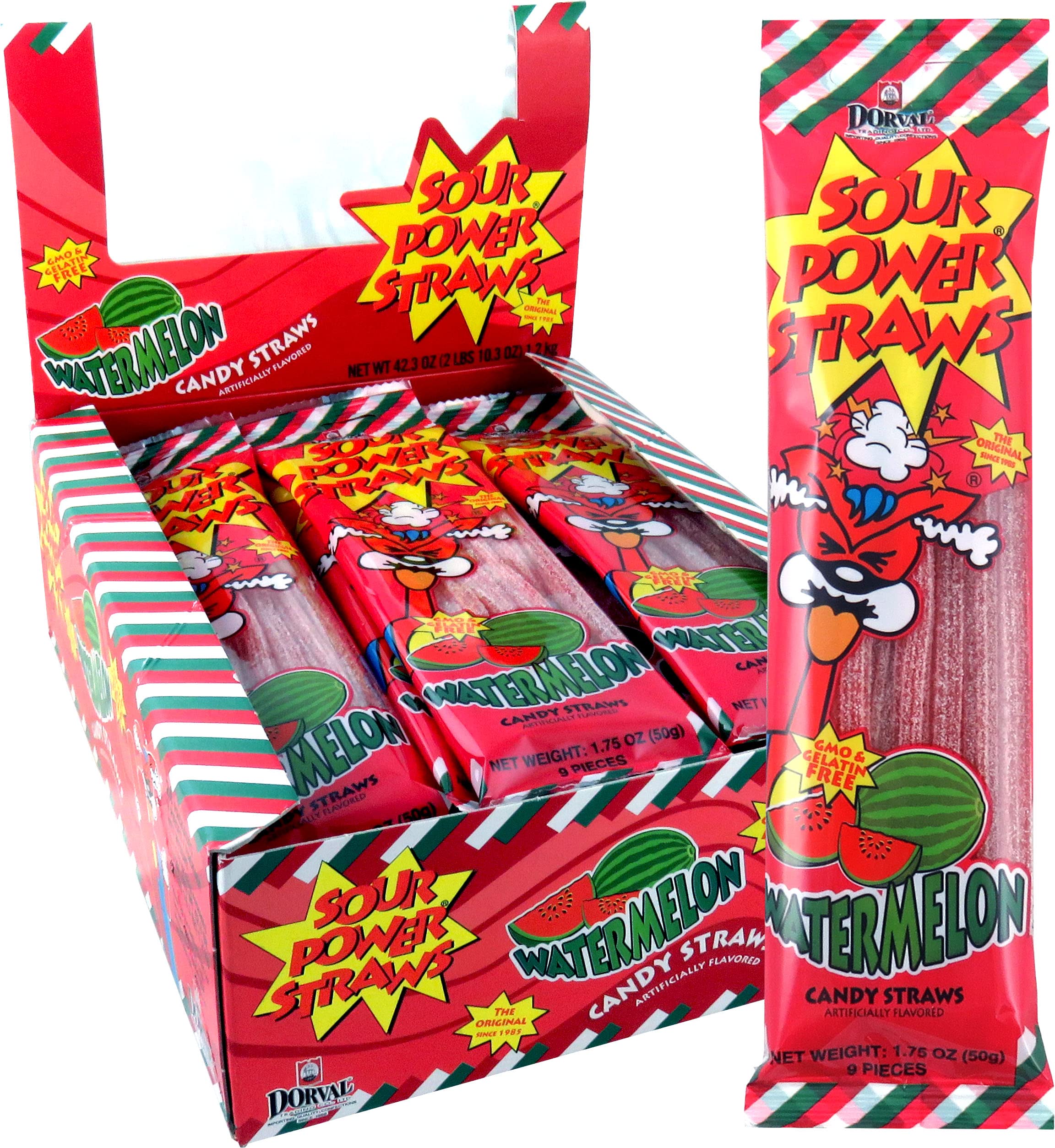 Sour Power Candy Straws - Watermelon Flavor - 1.75 oz (Pack of 24) | Fun Party Favors, Halloween Treats & Office Snacks