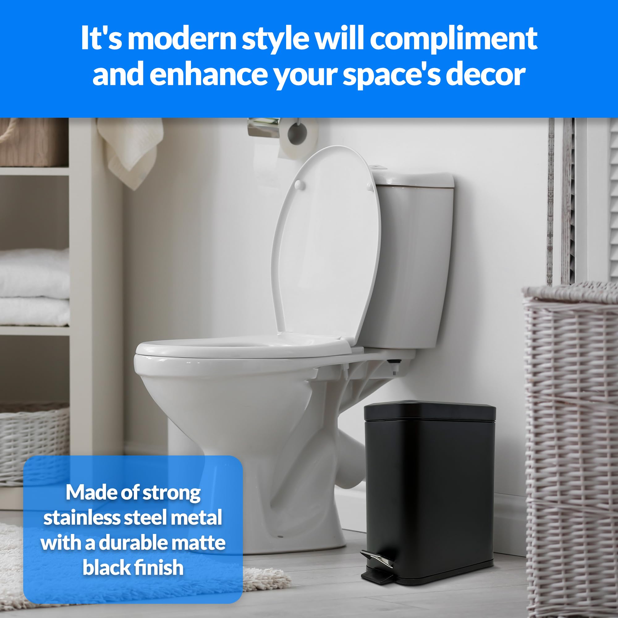 Stainless Steel Small Trash Can with Lid - 1.3 Gallon (5 Liter) Step Pedal Garbage Bin | Matte Black Rectangular Metal Wastebasket for Bathroom & Kitchen | Removable Bucket for Easy Cleaning | Compact Space-Saving Design for Offices, Dorms & Small Rooms