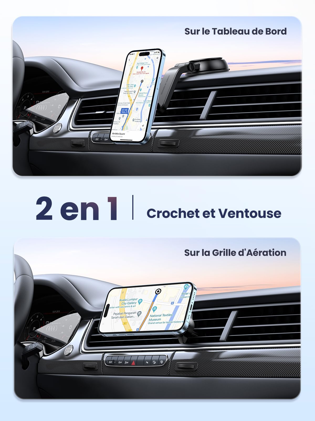 UGREEN 2-in-1 Qi Wireless Car Phone Holder & Charger - 15W Fast Charging, Magnetic Mount Compatible with iPhone 16/15/14/13/12 Pro Max/Plus/Mini & MagSafe - Secure Suction Cup for Hands-Free Driving & Navigation