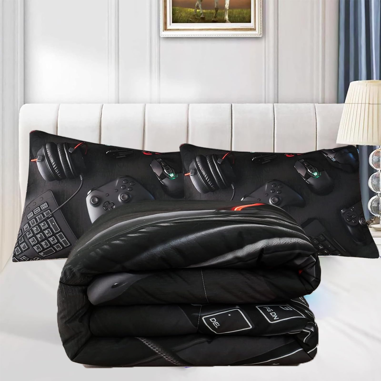 YHXSLY 3D Gaming Comforter Set Twin Size - Microfiber Video Game Bedding for Boys & Kids - Black Gaming Themed Quilt All Season - Perfect for Game Lovers' Bedroom Decor & Teen Gamer Room Setup