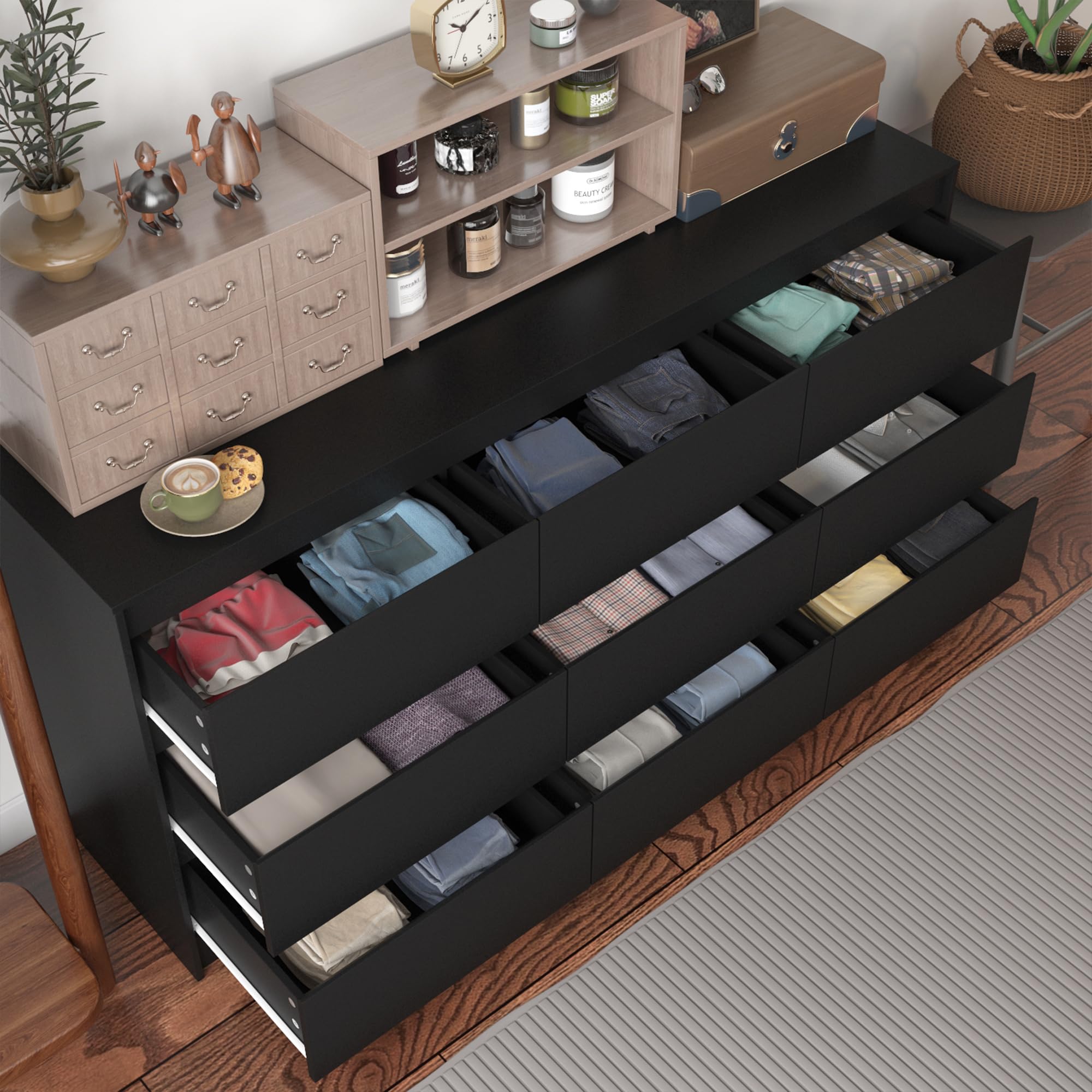 Hitow 9-Drawer Modern Dresser for Bedroom - Black Wood Chest of Drawers with Deep Storage, Handle-Free Design (63