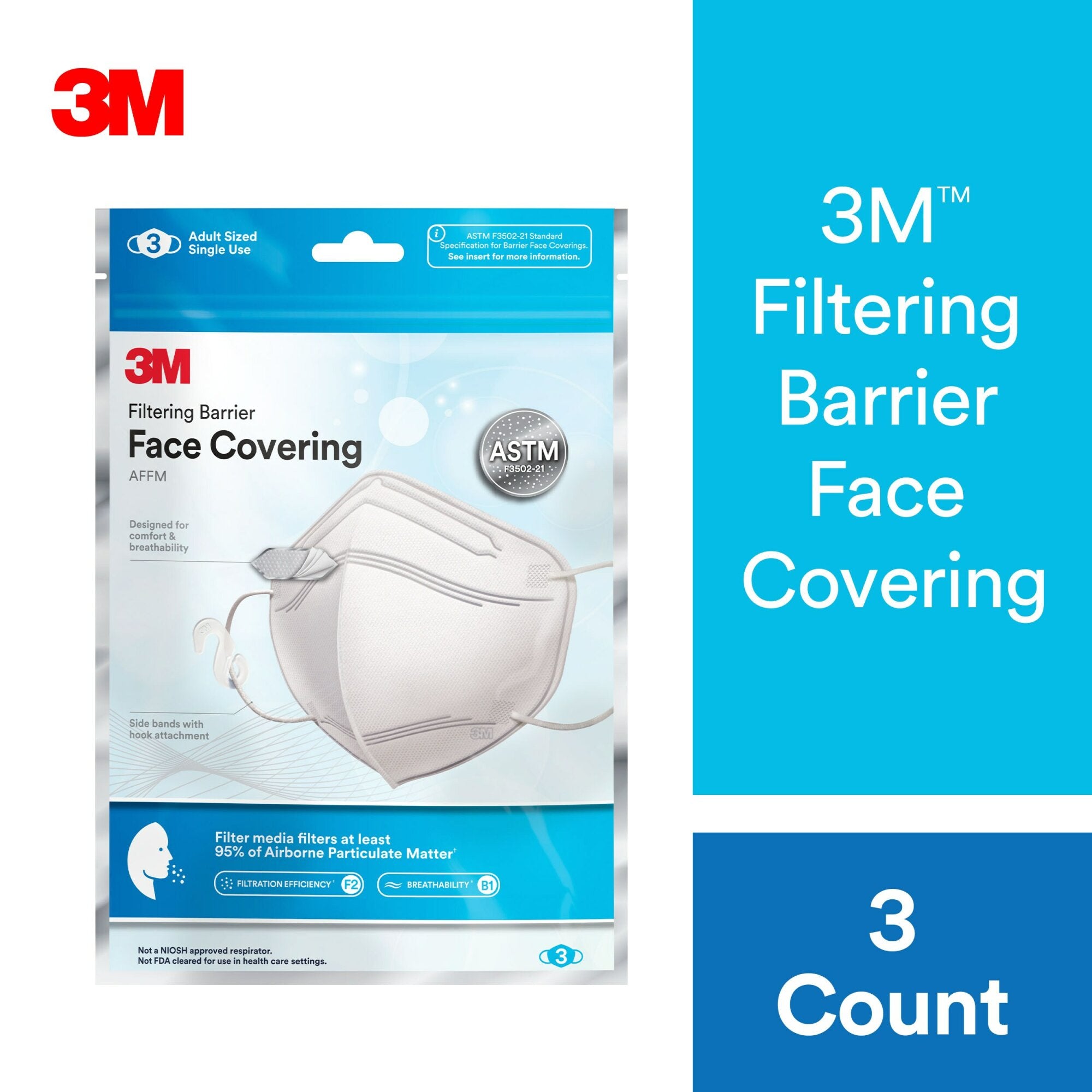 3M Advanced Filtering Face Mask AFFM 3 DC - 3 Pack, One Size Fits Most - Comfortable & Breathable for Work, Travel & Daily Protection