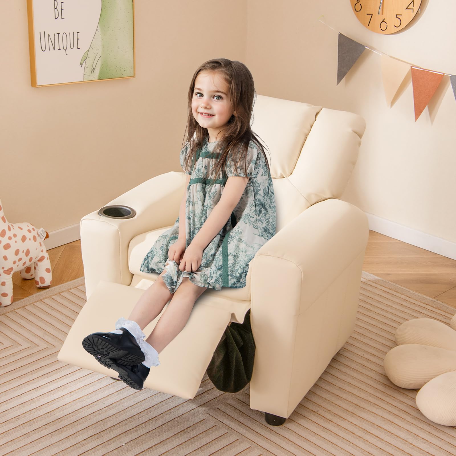 Costzon Kids Recliner Chair with Cup Holder - PU Leather Toddler Armchair with Headrest & Footrest for Boys and Girls - Comfortable Children's Sofa for Bedroom, Playroom, and Nursery (Beige) - Perfect for Reading, Watching TV, and Relaxing
