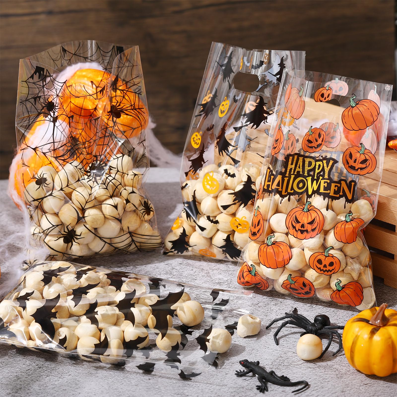 100 Pcs Halloween Treat Bags - Clear Plastic Goodie Bags with Handles for Candy, Pumpkin & Ghost Design - Perfect for Kids Halloween Party Favors, Trick or Treat, Classroom Treats & Birthday Party Supplies
