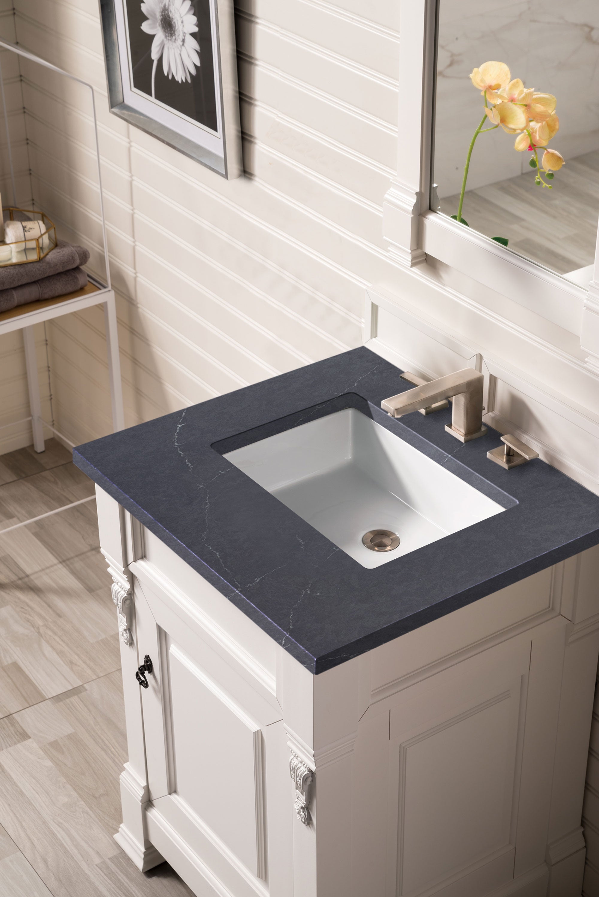 Brookfield 26 Inch Single Bathroom Vanity Set with Bright White Finish & 3CM Charcoal Soapstone Quartz Countertop - Perfect for Modern Master Bath or Powder Room Renovation