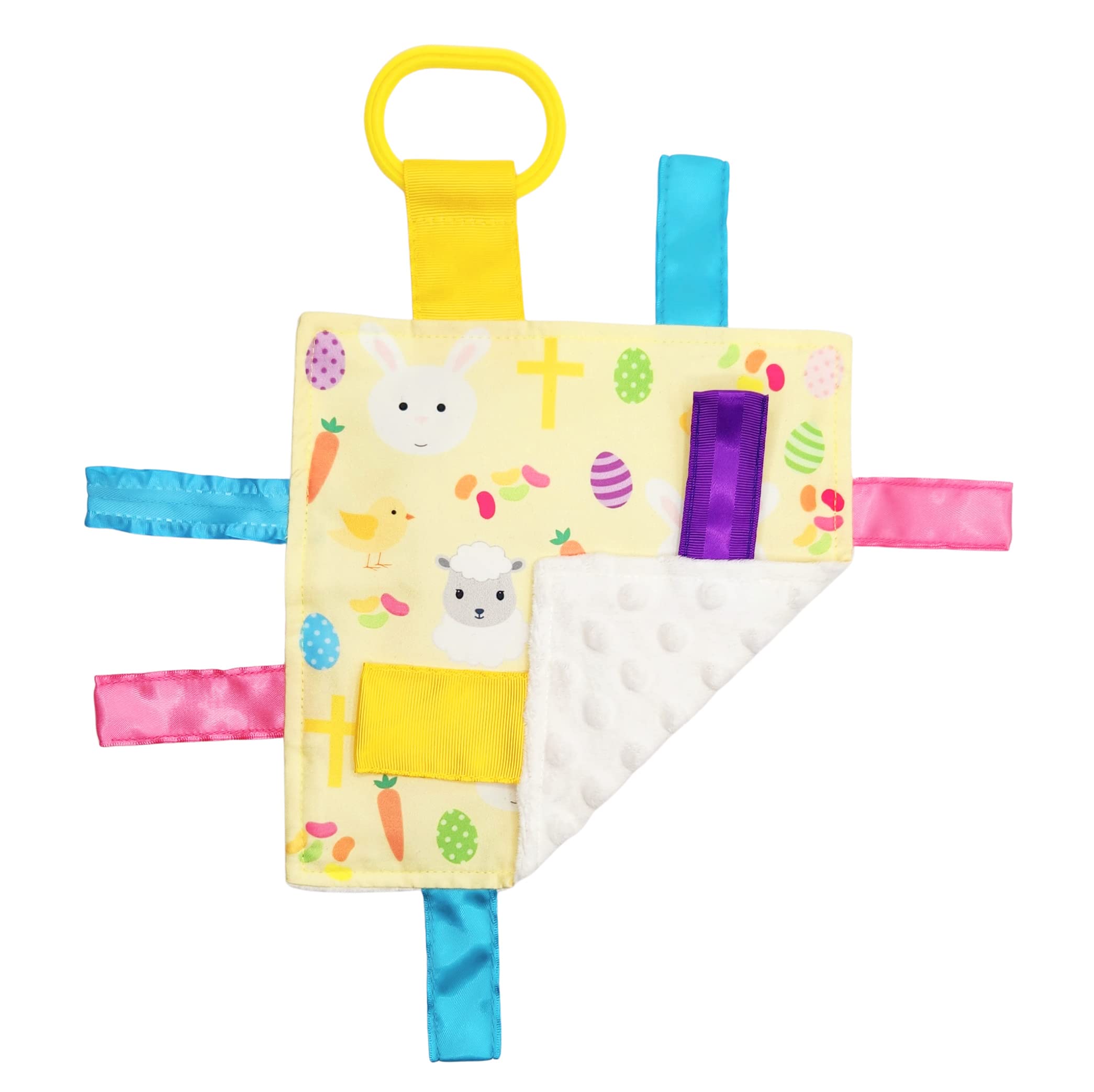 Baby Jack & Co 8x8 Inch Easter Lovey Tag Toys for Infants - Soft Crinkle Sensory Toys with Shapes & Colors Learning - BPA Free Baby Gift with Stroller Clip | Perfect for Easter Basket Stuffers, Newborn Playtime & Stroller Entertainment