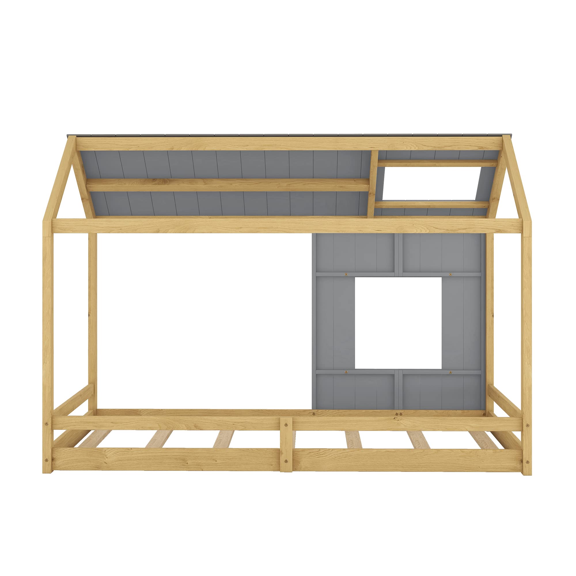 Montessori Twin House Bed for Kids - Wooden Floor Bed with Roof & Window, Playhouse Bed Frame for Girls & Boys, No Box Spring Needed (Gray+Natural) - Perfect for Bedroom, Playroom & Montessori Learning Spaces
