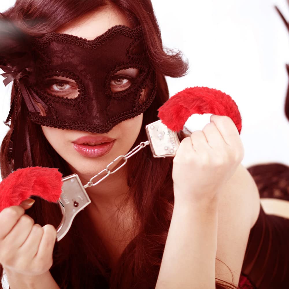 Soft Furry Adjustable Handcuffs with Keys - Plush Stainless Steel Bondage Cuffs for Couples, SM Play & Fetish - Ankle Bracelets Included - Perfect for Adult Toys, Halloween Cosplay & Police Costume Props (Red) - Enhance Your Roleplay & BDSM Scenes