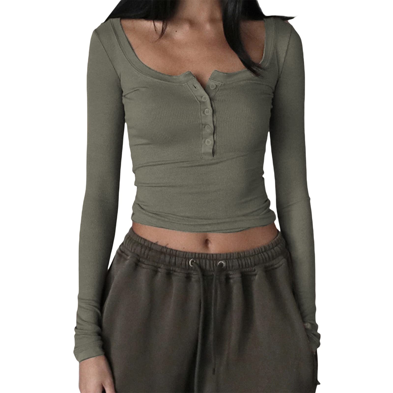 Women's Slim Fit Y2K Crop Top - Long Sleeve Ribbed Button Up Shirt with Square Neck | Casual Streetwear for Going Out, Clubbing, and Fashion Outfits