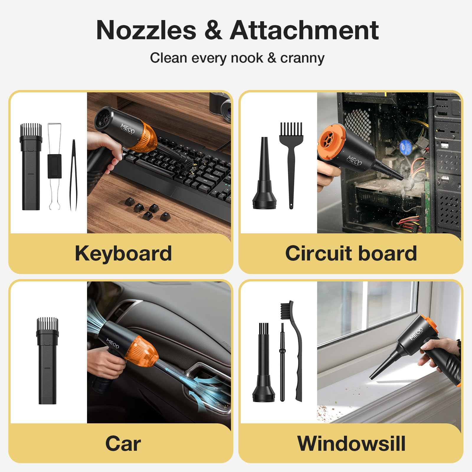 MECO 4-in-1 Cordless Electric Air Duster & Mini Vacuum Cleaner - 110,000 RPM High Speed, 13,000PA Strong Suction - Keyboard Cleaner for PC, Computer, Laptop, Car Interior, Sofa & Home Office Cleaning (Orange)