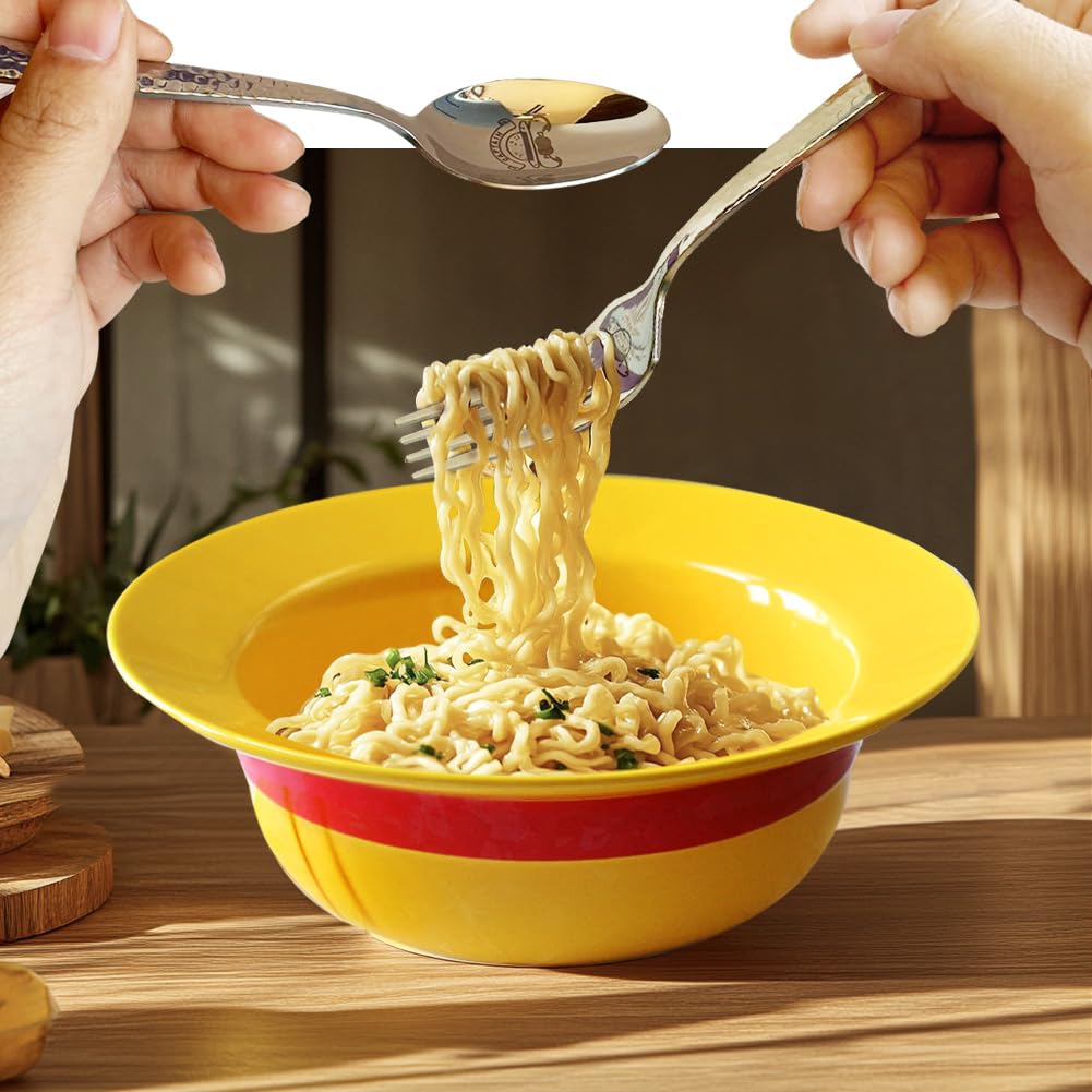 One Piece Luffy Straw Hat Ceramic Ramen Bowl Set with Hammered Stainless Steel Fork & Spoon - Anime Merchandise Gift for One Piece Fans (Captain’s Feast Edition) - Perfect for Anime Themed Parties, Collectors & Ramen Lovers