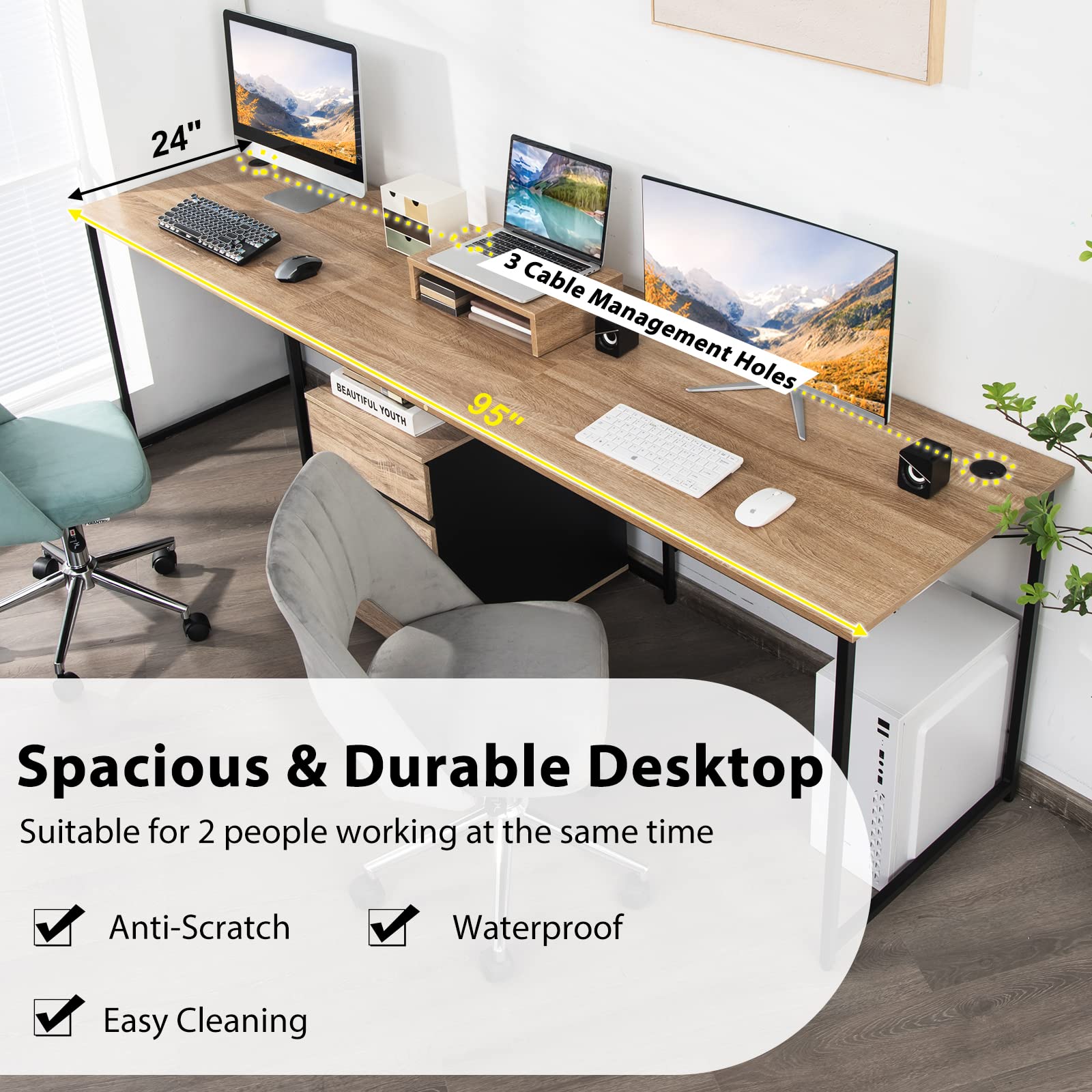 Tangkula 95 Inch L-Shaped Reversible Corner Computer Desk with Monitor Stand & Cable Management - Spacious 2-Person Home Office Desk for Gaming, Study & Work - Natural Wood Finish (Perfect for Small Spaces & Shared Workstations)